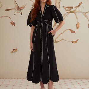 FARM Rio Black Midi Dress with White Trim